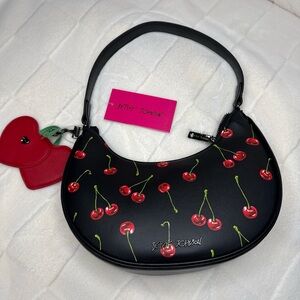 Betsey Johnson Black Cherry Print Crescent Shoulder Bag with Heart Charm